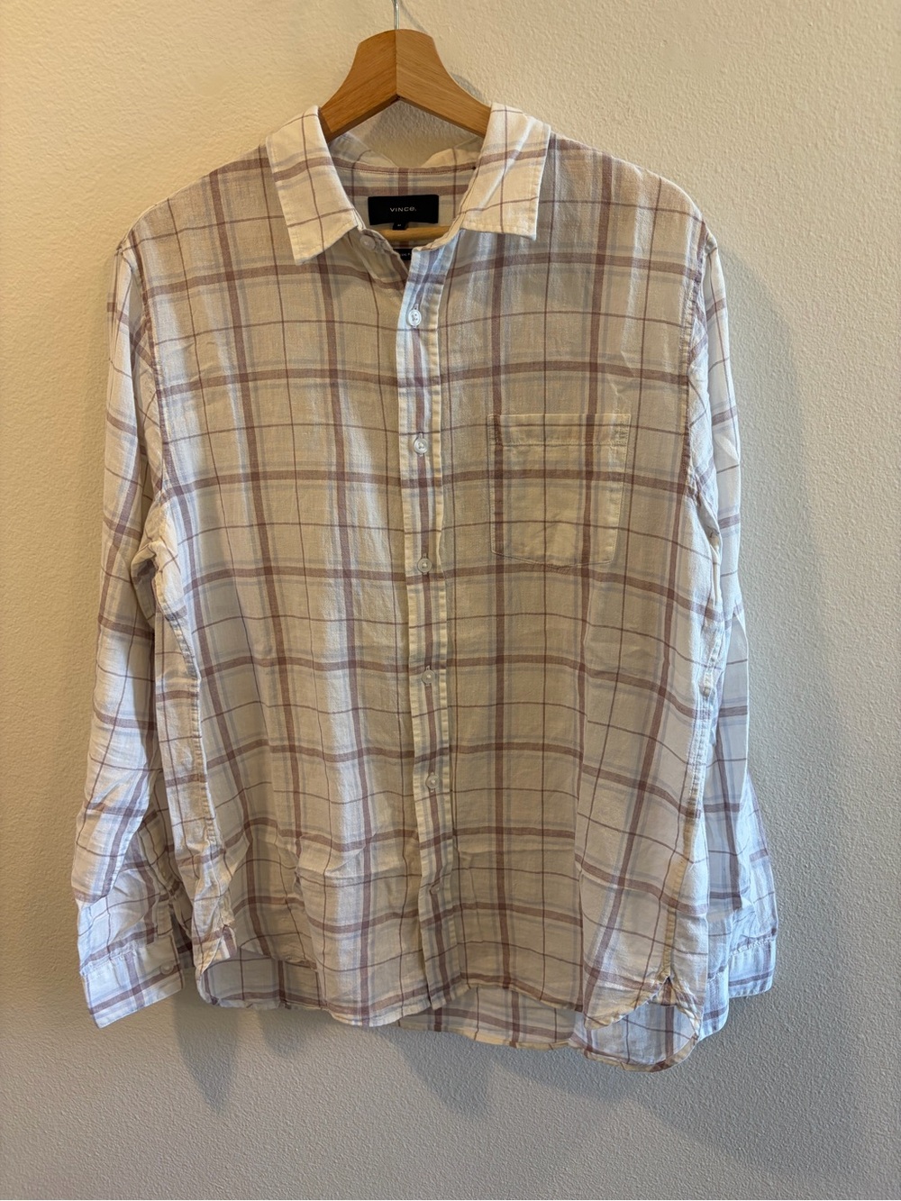 Vince Men’s White Linen Plaid Button-Down Shirt